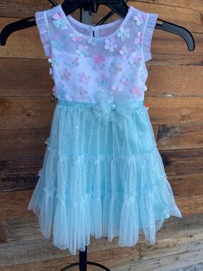 Jona Michelle Pastel Blue & White Floral Tulle Party Dress
